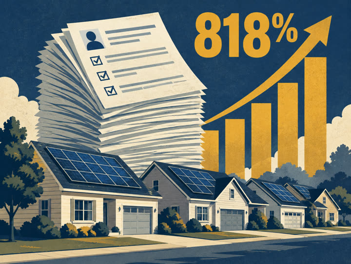 Illustration: a tower of complaint forms and a rising 818% chart over a street of homes with solar panels