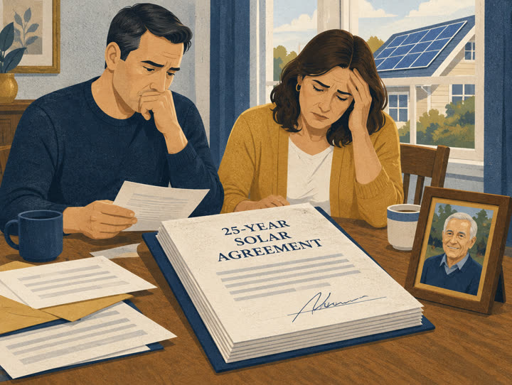 Illustration: a grown son and daughter going through their father's 25-year solar agreement, his photo on the table
