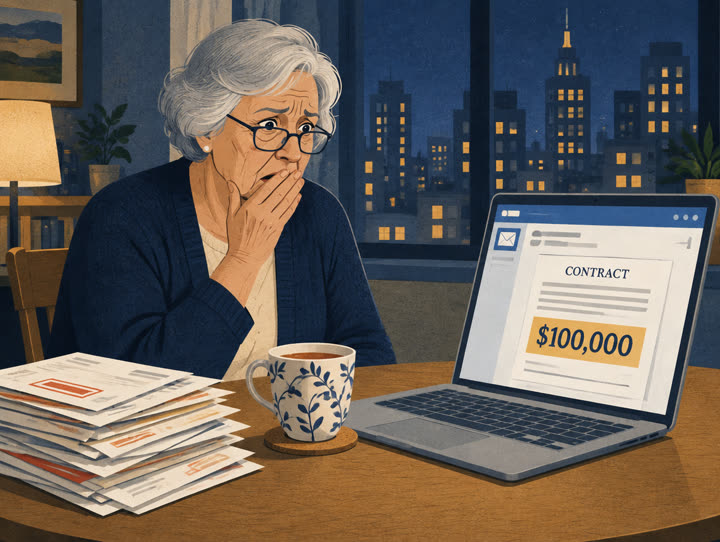 Illustration: an older woman covering her mouth in shock at a laptop showing a $100,000 contract
