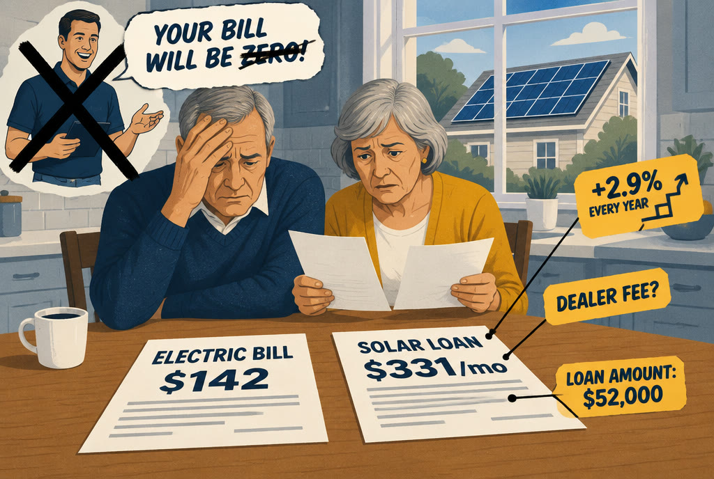 Illustration: a stressed older couple at the kitchen table with two bills, an electric bill of $142 and a solar loan of $331 a month, while a crossed-out salesman promises their bill will be zero. Labels point to a $52,000 loan amount, a dealer fee and a 2.9% yearly increase.