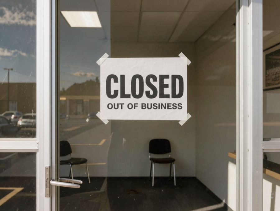 An empty office with a sign on the door that says closed, out of business
